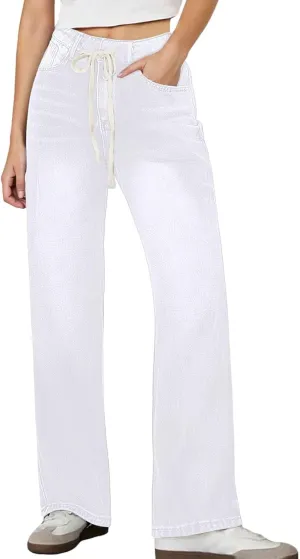 Straight Leg Jeans for Women High Waisted Stretchy Loose Adjustable Tie Denim Pants Trendy Casual Baggy Jean Trousers