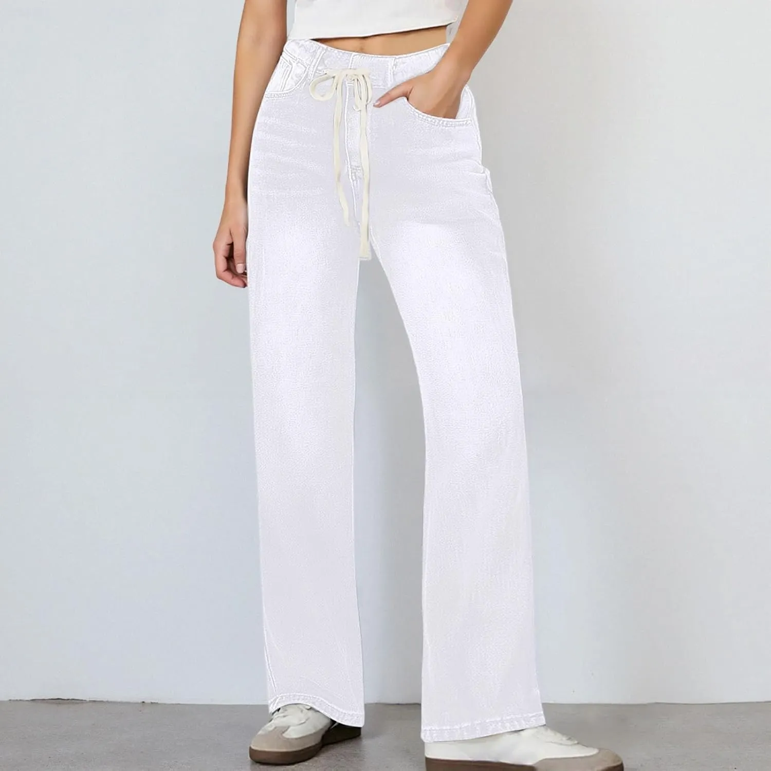 Straight Leg Jeans for Women High Waisted Stretchy Loose Adjustable Tie Denim Pants Trendy Casual Baggy Jean Trousers