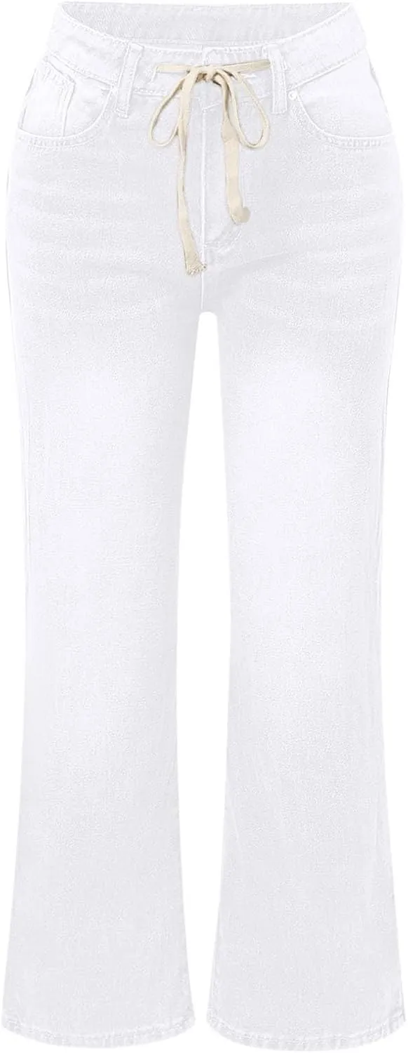 Straight Leg Jeans for Women High Waisted Stretchy Loose Adjustable Tie Denim Pants Trendy Casual Baggy Jean Trousers