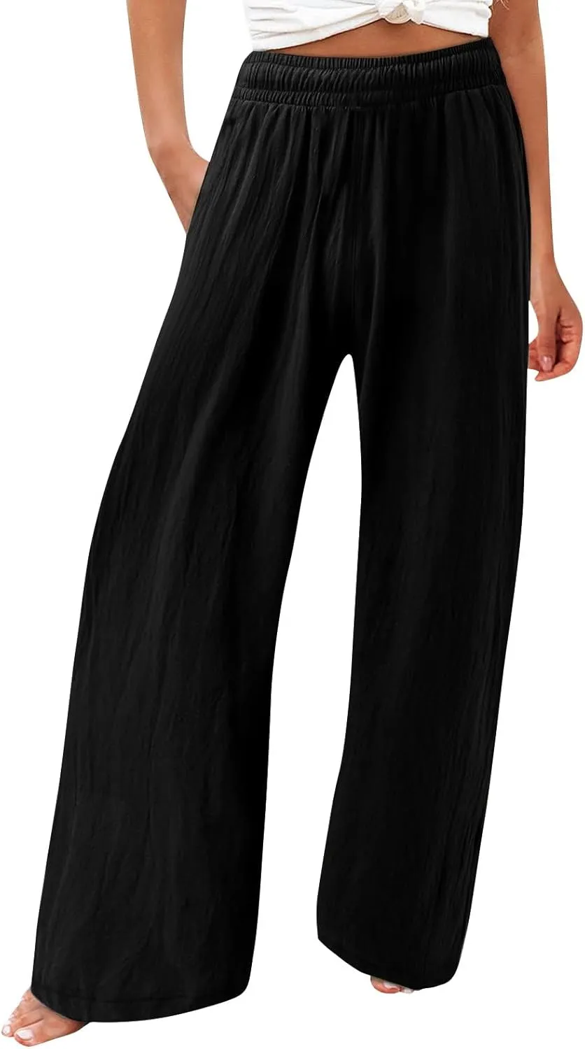 Striped Cotton Linen Cropped Pants Women Womens Wide Leg Linen Palazzo Pants Casual Elastic Waisted Loose Trousers