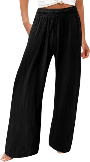 Striped Cotton Linen Cropped Pants Women Womens Wide Leg Linen Palazzo Pants Casual Elastic Waisted Loose Trousers