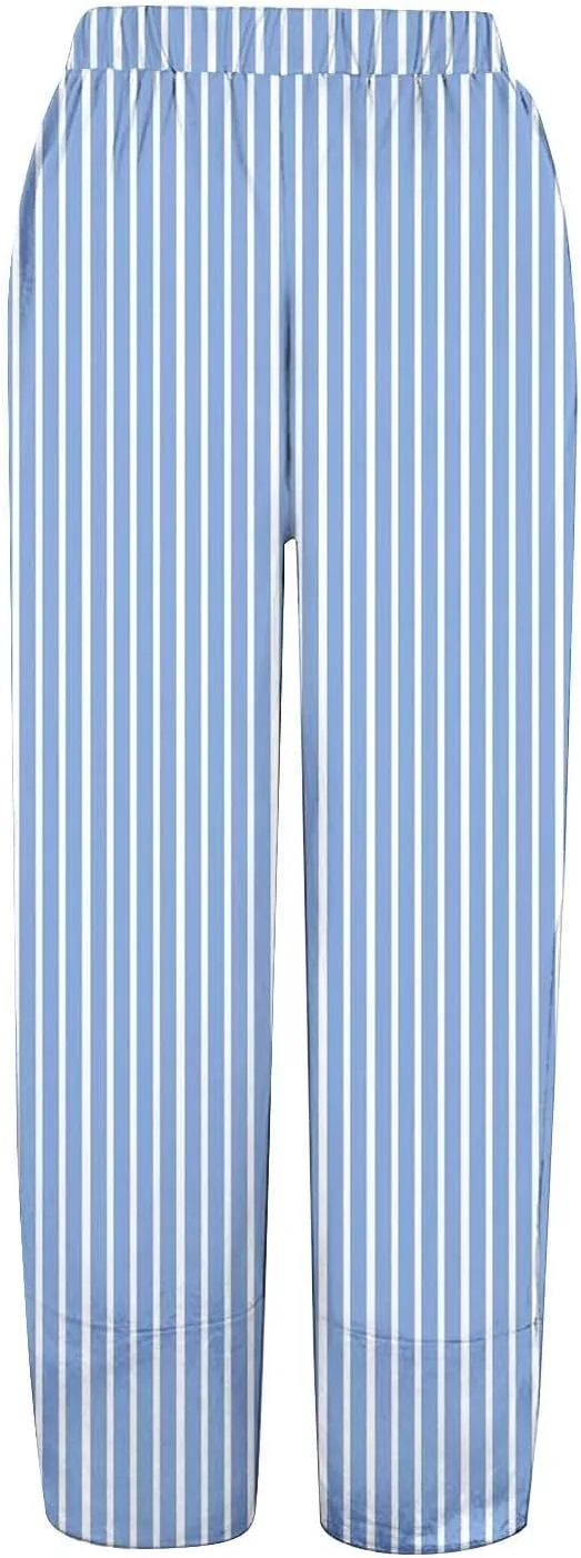 Striped Linen Pants for Women Summer Casual Straight Leg Capri Trousers Beach Relax Cropped Palazzo Pant with Pockets