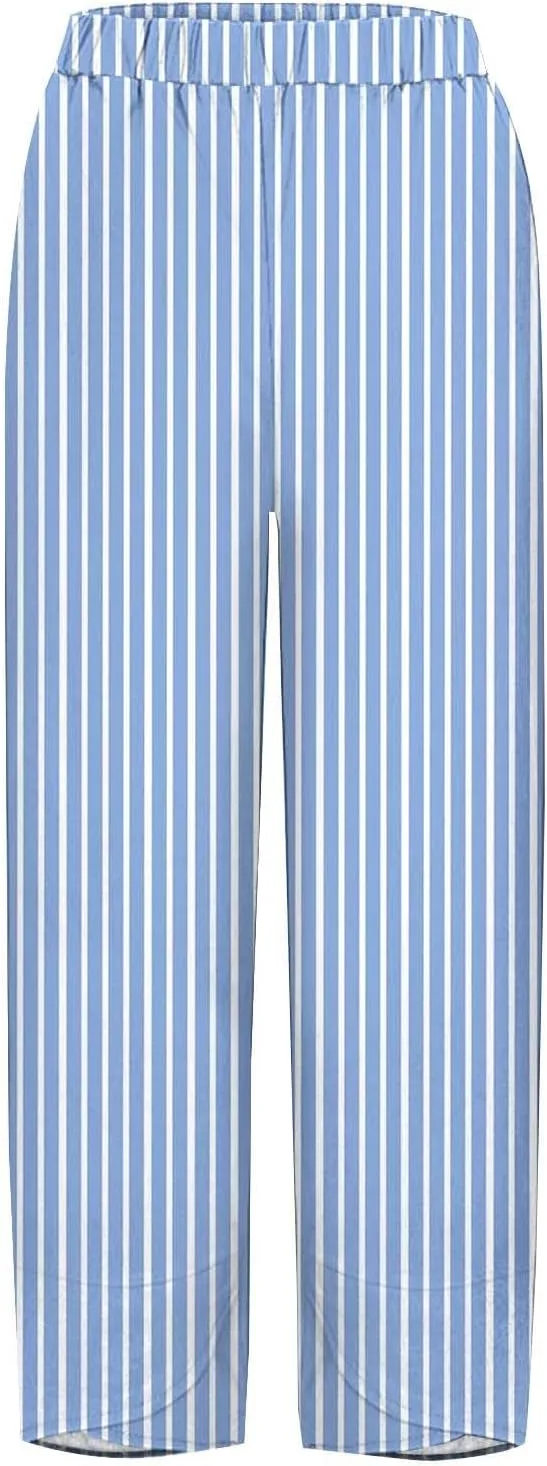Striped Linen Pants for Women Summer Casual Straight Leg Capri Trousers Beach Relax Cropped Palazzo Pant with Pockets