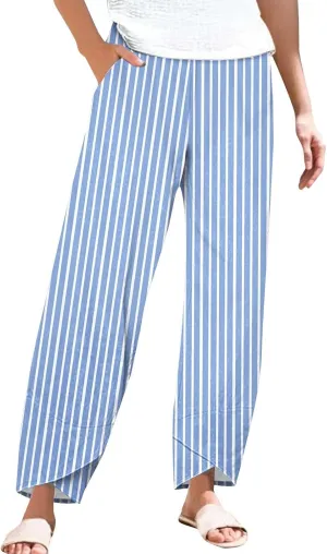 Striped Linen Pants for Women Summer Casual Straight Leg Capri Trousers Beach Relax Cropped Palazzo Pant with Pockets
