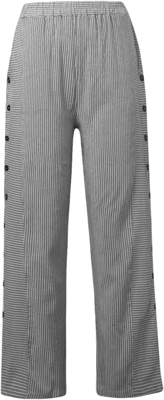 Striped Pants Women Summer Trendy Side Button Lightweight Elastic Waist Straight Leg Casual Trousers with Pockets