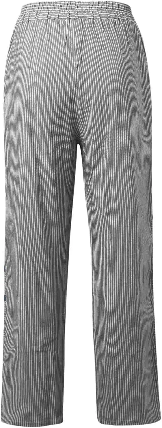 Striped Pants Women Summer Trendy Side Button Lightweight Elastic Waist Straight Leg Casual Trousers with Pockets