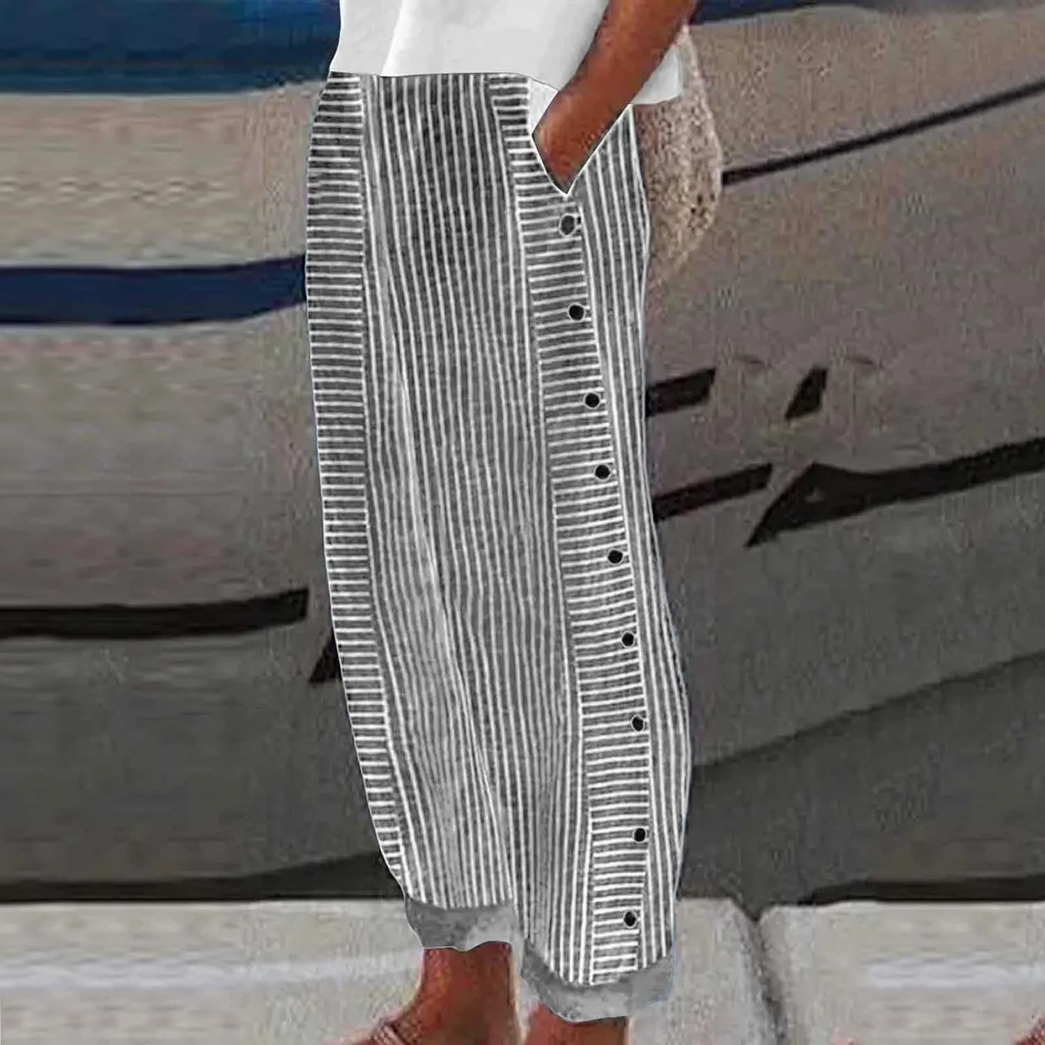 Striped Pants Women Summer Trendy Side Button Lightweight Elastic Waist Straight Leg Casual Trousers with Pockets