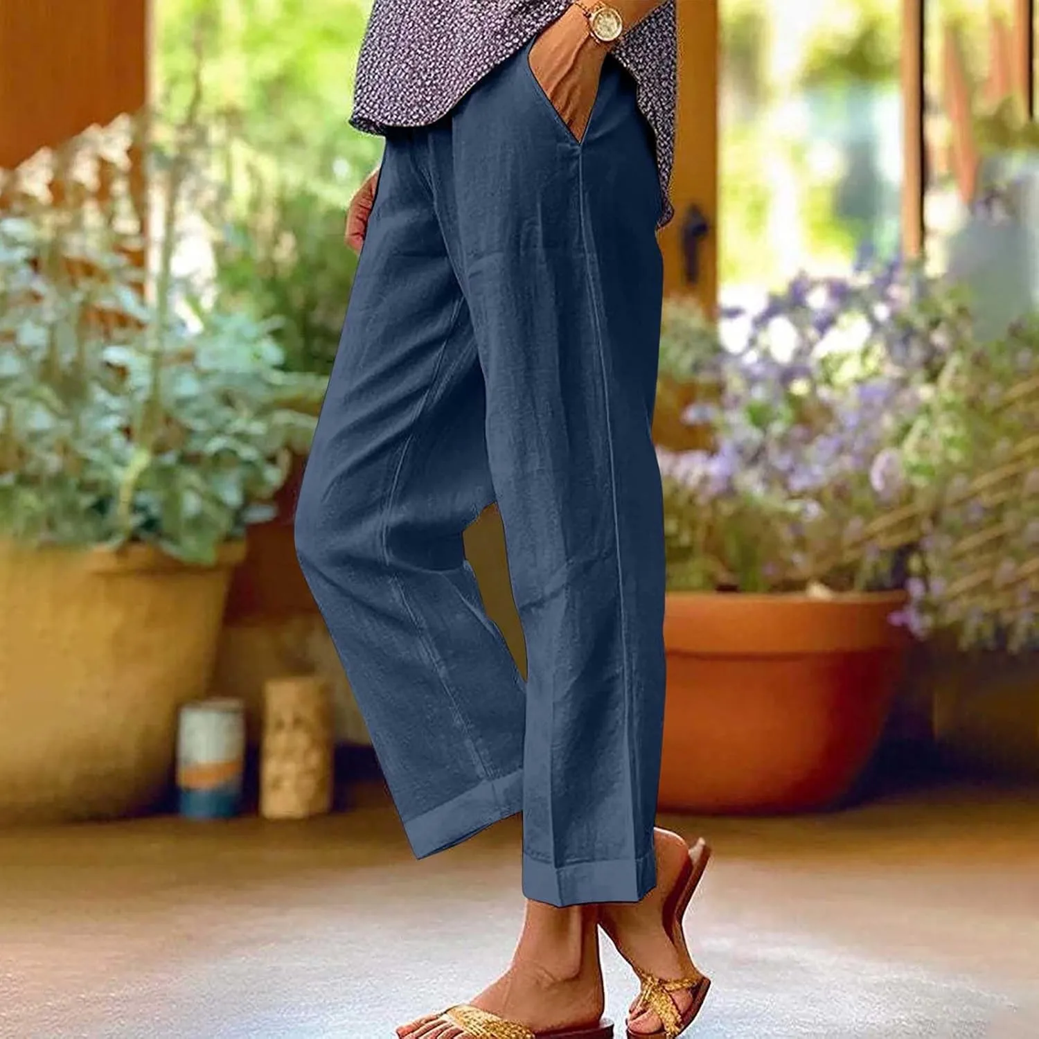 Summer Cotton Linen Pants Women Elastic High Waist Straight Leg Lounge Pants Casual Slacks Crop Trouser with Pockets