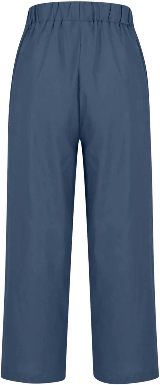 Summer Cotton Linen Pants Women Elastic High Waist Straight Leg Lounge Pants Casual Slacks Crop Trouser with Pockets