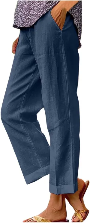 Summer Cotton Linen Pants Women Elastic High Waist Straight Leg Lounge Pants Casual Slacks Crop Trouser with Pockets