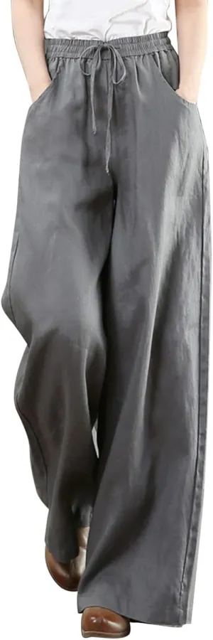 Summer Linen Palazzo Pants for Women Flowy Wide Leg Beach Pants with Pockets High Waisted Loose Baggy Trousers