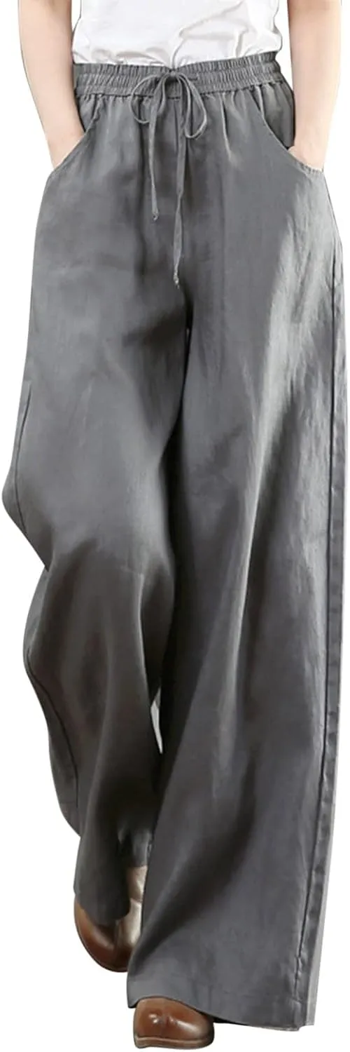 Summer Linen Palazzo Pants for Women Flowy Wide Leg Beach Pants with Pockets High Waisted Loose Baggy Trousers