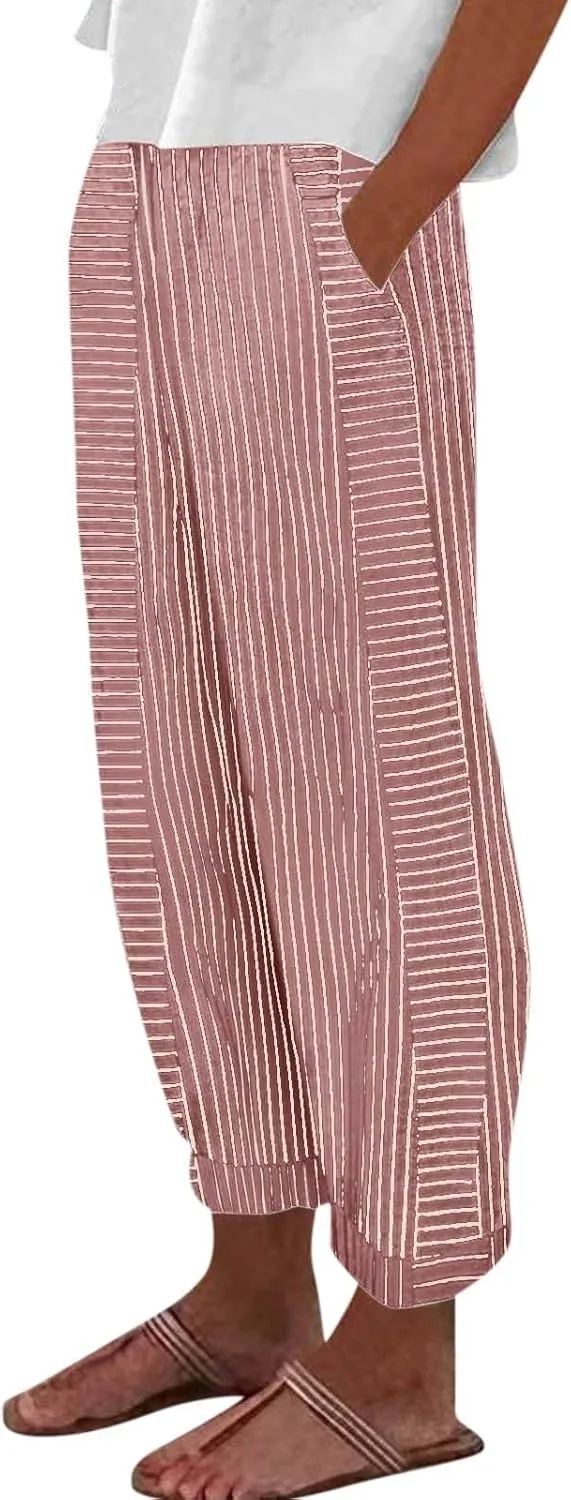 Summer Linen Pants for Women Striped Printed Side Button Pants Baggy Elastic Waist Straight Leg Trousers with Pockets