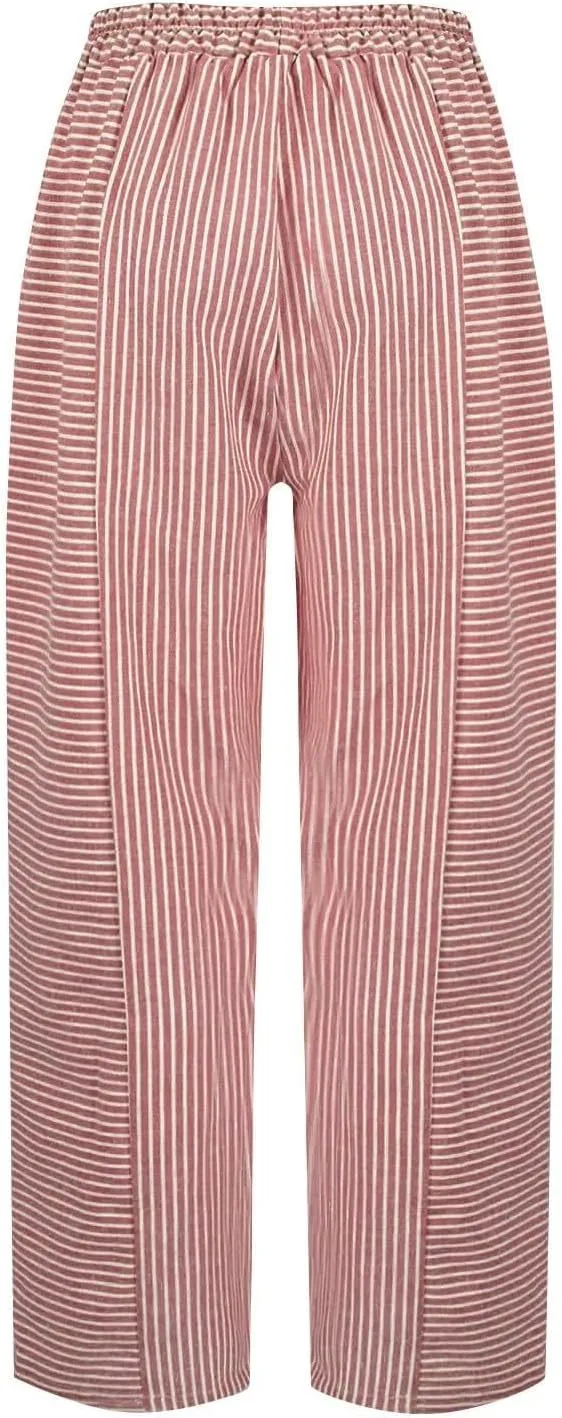 Summer Linen Pants for Women Striped Printed Side Button Pants Baggy Elastic Waist Straight Leg Trousers with Pockets