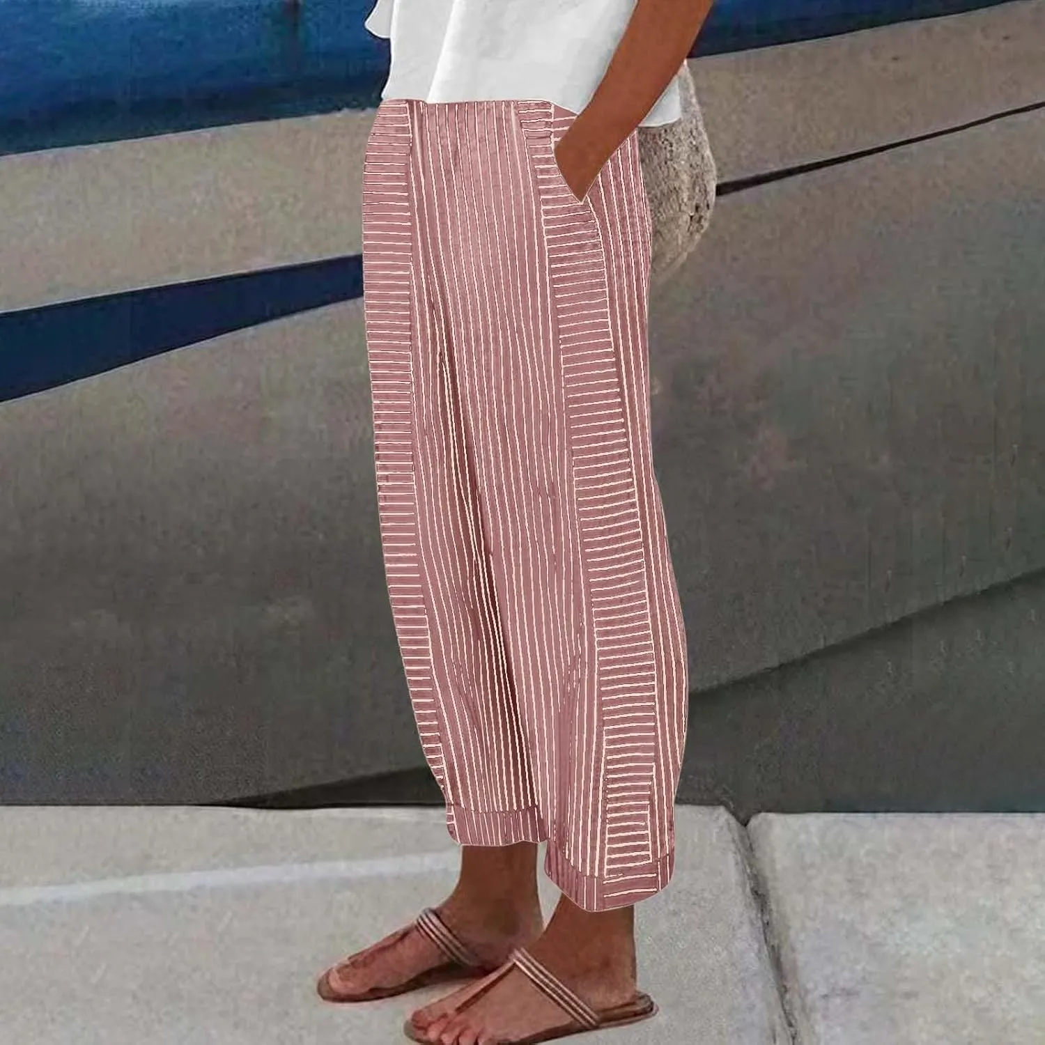Summer Linen Pants for Women Striped Printed Side Button Pants Baggy Elastic Waist Straight Leg Trousers with Pockets