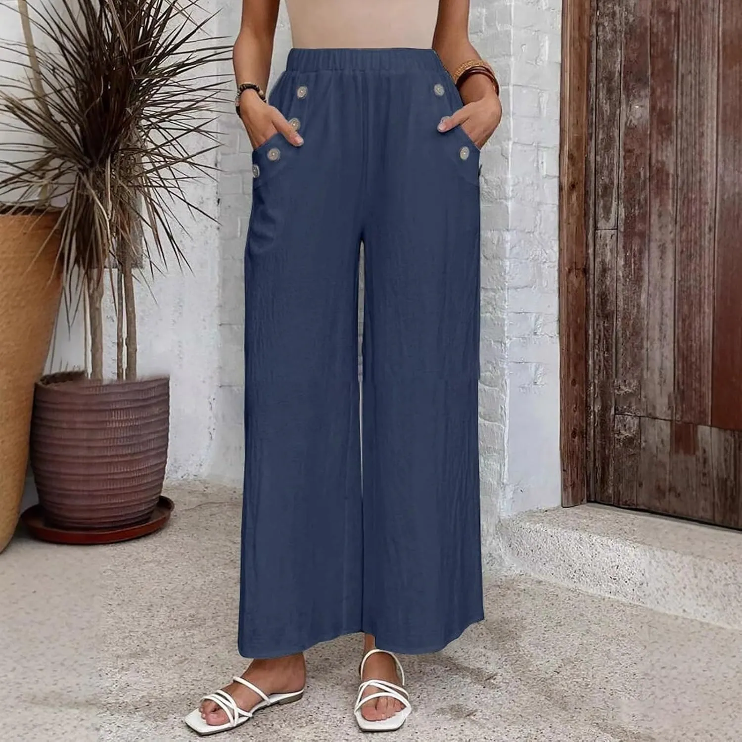 Summer Linen Trousers for Women Wide Leg Elastic Waist Button Fly Loose Trousers Casual Beach Work Pants with Pockets