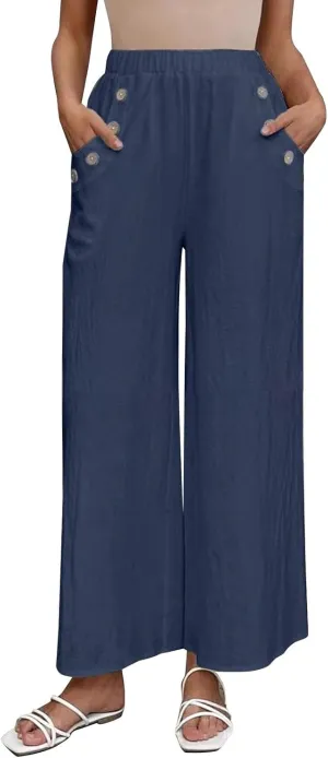Summer Linen Trousers for Women Wide Leg Elastic Waist Button Fly Loose Trousers Casual Beach Work Pants with Pockets
