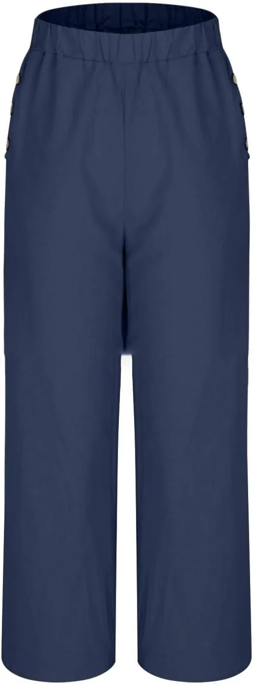 Summer Linen Trousers for Women Wide Leg Elastic Waist Button Fly Loose Trousers Casual Beach Work Pants with Pockets