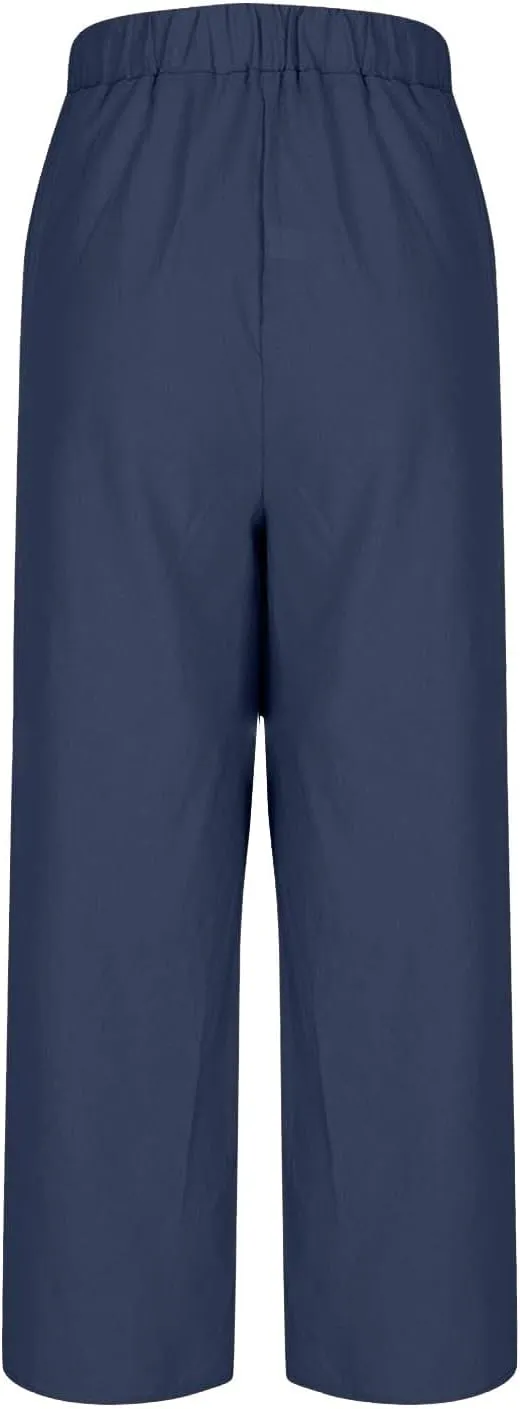 Summer Linen Trousers for Women Wide Leg Elastic Waist Button Fly Loose Trousers Casual Beach Work Pants with Pockets