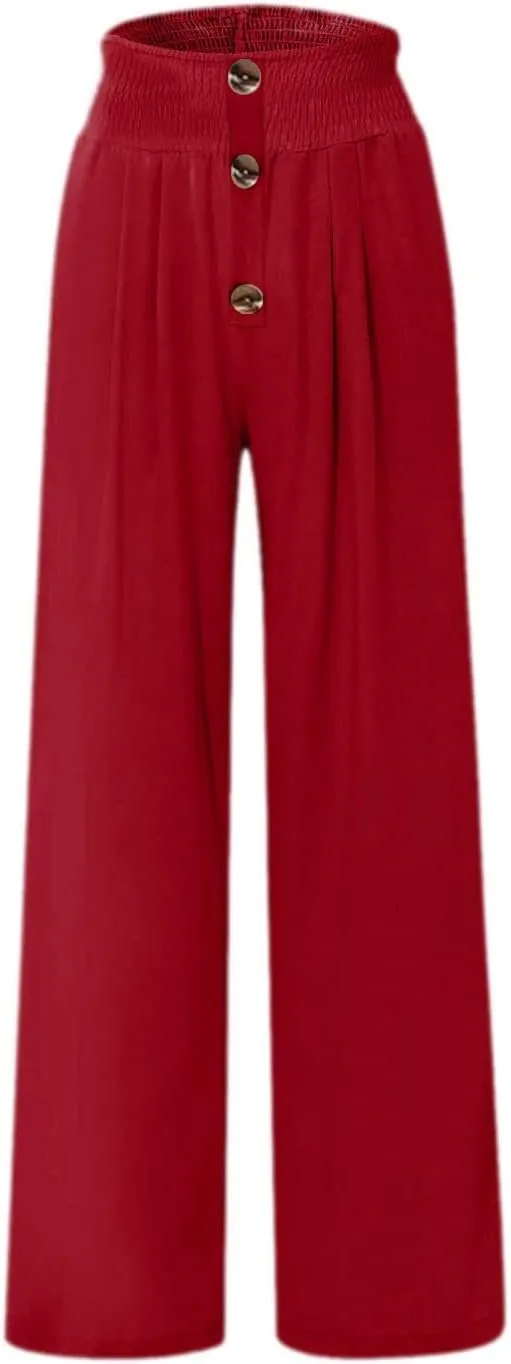 Summer Pants for Women Cotton Linen Button Down Wed Leg Pants High Waisted Lounge Trousers Soft Trendy Pants