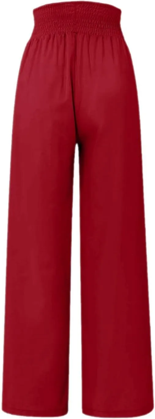 Summer Pants for Women Cotton Linen Button Down Wed Leg Pants High Waisted Lounge Trousers Soft Trendy Pants