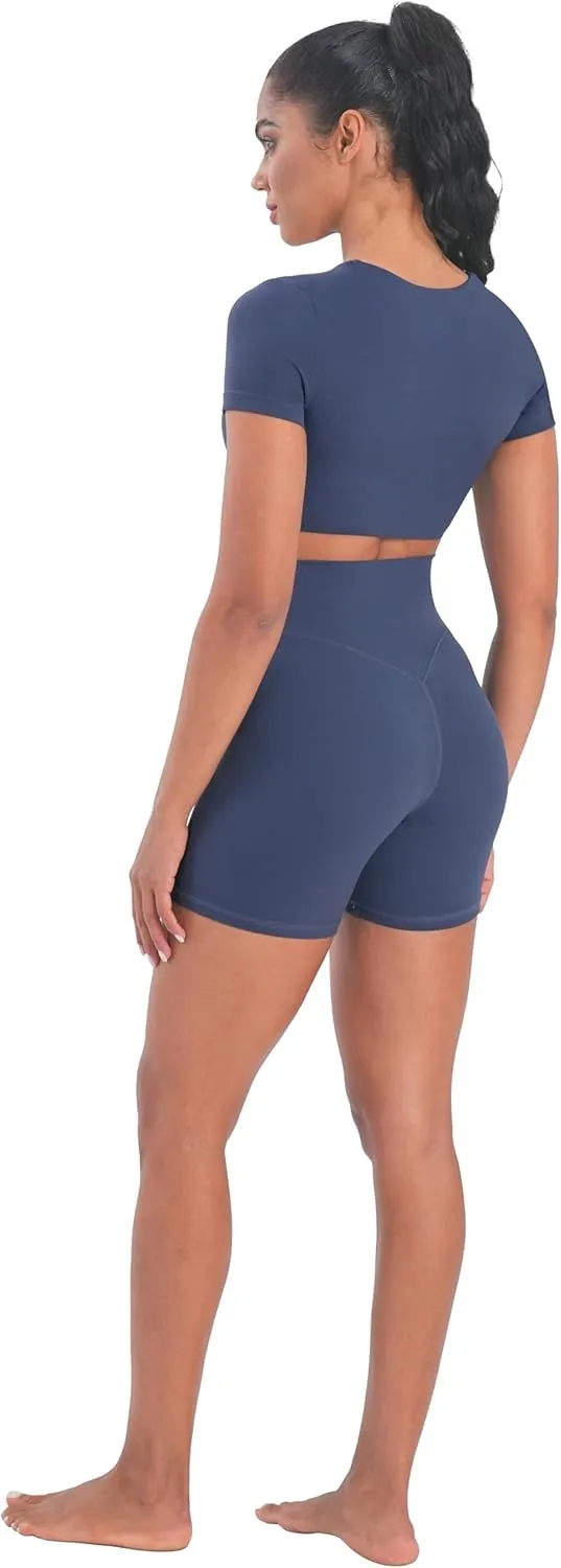 Sunzel Women's Short Sleeve Workout Tops Twist Front Deep V Crop Top Quick Dry Compression Shirts for Yoga Gym Pilates Spring