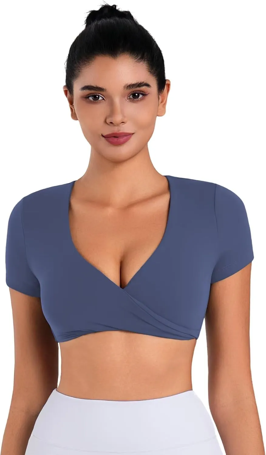 Sunzel Women's Short Sleeve Workout Tops Twist Front Deep V Crop Top Quick Dry Compression Shirts for Yoga Gym Pilates Spring
