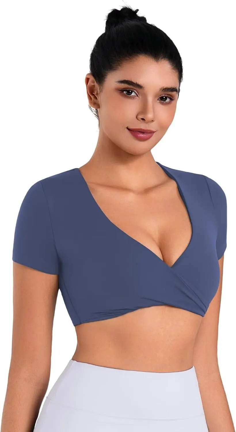 Sunzel Women's Short Sleeve Workout Tops Twist Front Deep V Crop Top Quick Dry Compression Shirts for Yoga Gym Pilates Spring