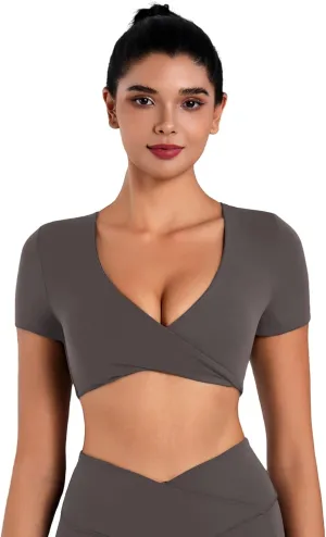 Sunzel Women's Short Sleeve Workout Tops Twist Front Deep V Crop Top Quick Dry Compression Shirts for Yoga Gym Pilates Spring