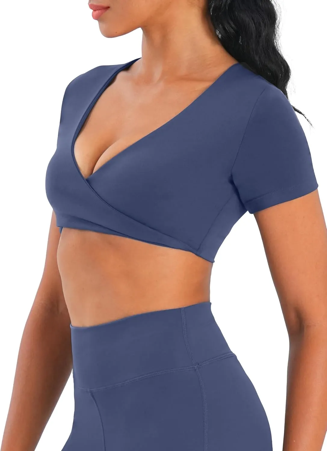 Sunzel Women's Short Sleeve Workout Tops Twist Front Deep V Crop Top Quick Dry Compression Shirts for Yoga Gym Pilates Spring
