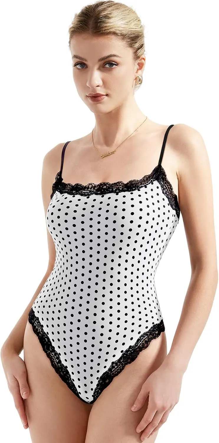 SUUKSESS Women Square Neck Lace Bodysuit Sleeveless Spaghetti Strap Tank Top