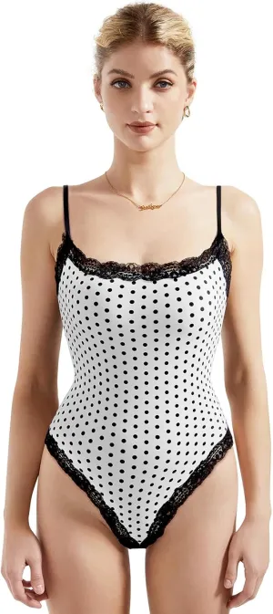 SUUKSESS Women Square Neck Lace Bodysuit Sleeveless Spaghetti Strap Tank Top