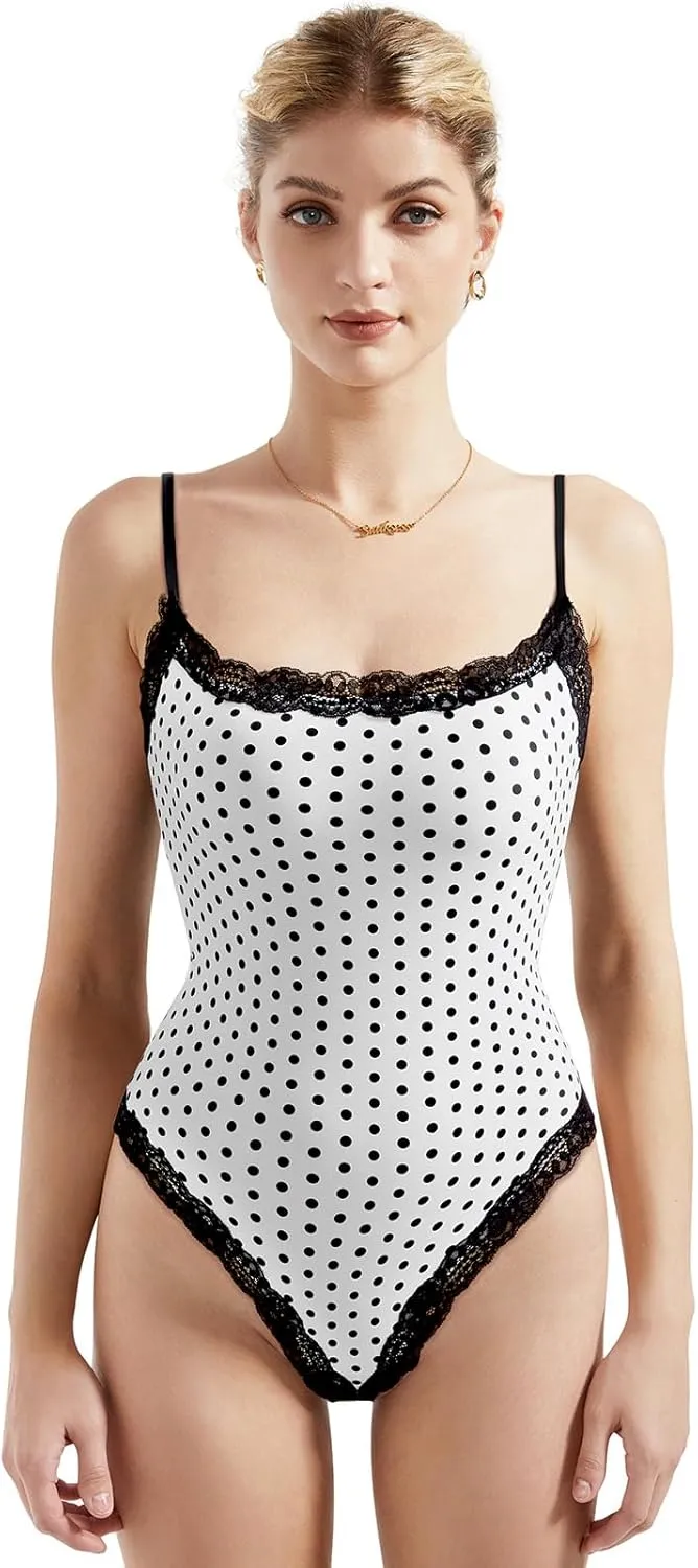 SUUKSESS Women Square Neck Lace Bodysuit Sleeveless Spaghetti Strap Tank Top