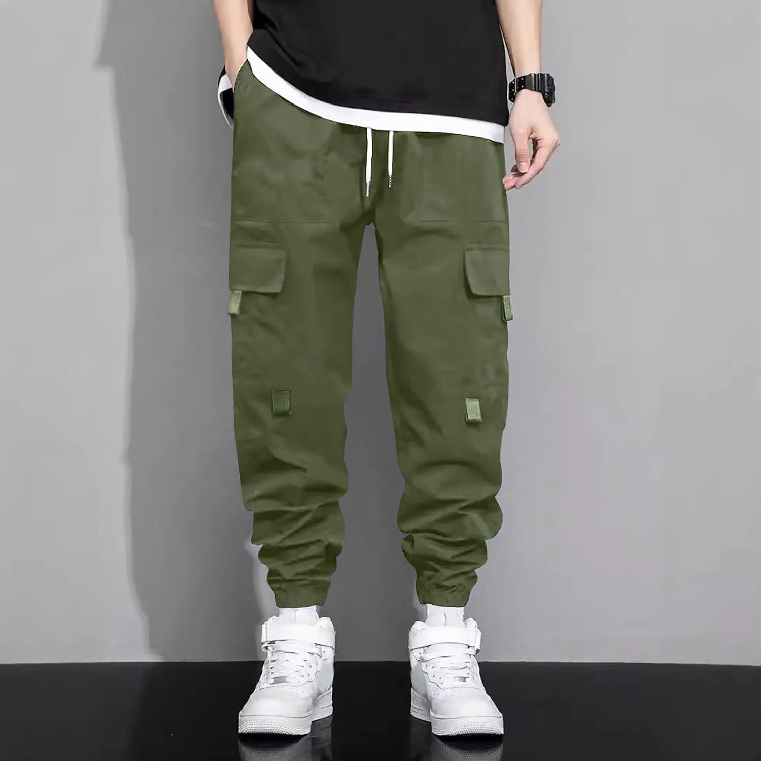 Sweatpants for Men Sports Tapered Combat Jogger Mens Solid Color Split Stretchy Joggers Regular Elastic Waist Cargo