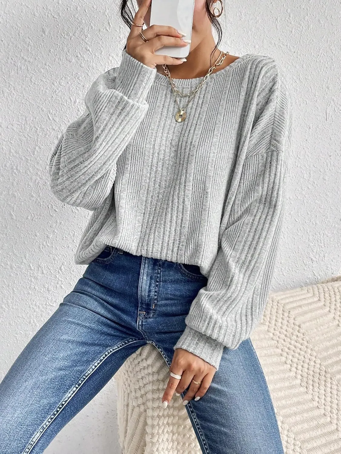 SweatyRocks Women's Criss Cross Round Neck Pullover Sweaters Long Sleeve Loose Cut Out Back Knit Tee Tops Backless Shirts