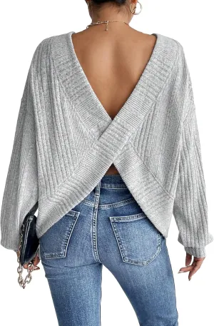 SweatyRocks Women's Criss Cross Round Neck Pullover Sweaters Long Sleeve Loose Cut Out Back Knit Tee Tops Backless Shirts