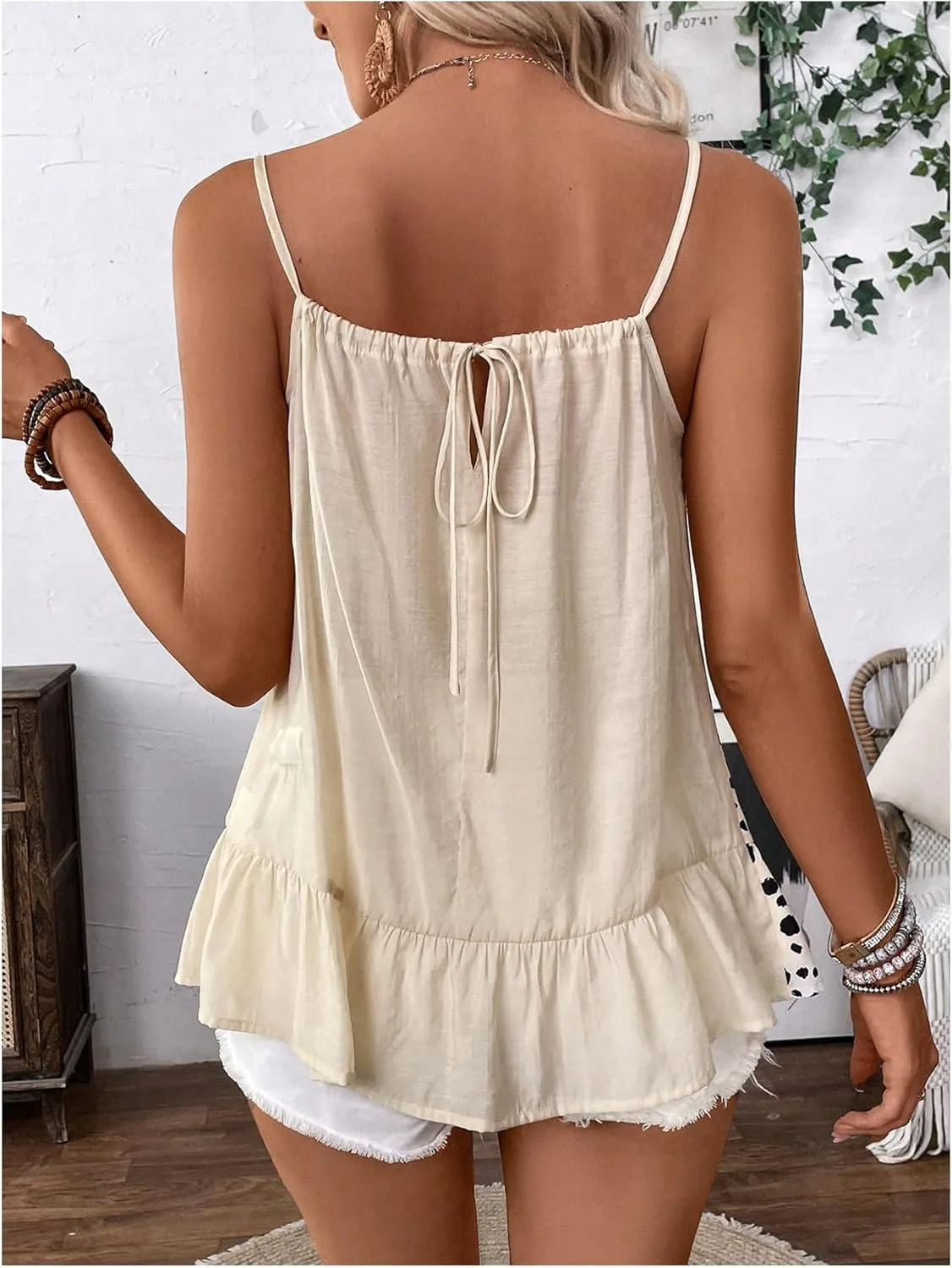 SweatyRocks Women's Printed Ruffle Camisole Tops Sleeveless Spaghetti Strap Tank Top