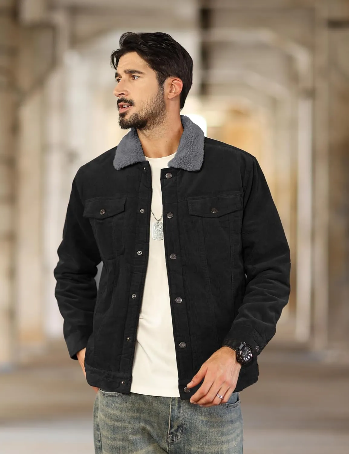 TACVASEN Men's Corduroy Jacket Fleece Sherpa Lined Winter Coats Warm Thick Cotton Casual Trucker Cargo Jacket