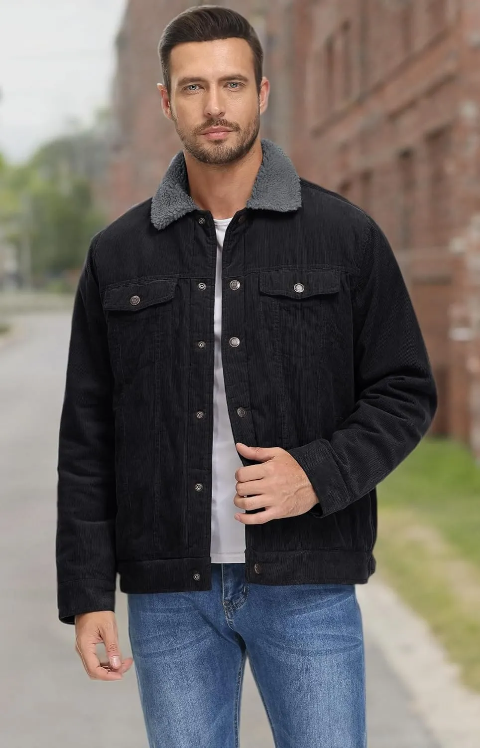 TACVASEN Men's Corduroy Jacket Fleece Sherpa Lined Winter Coats Warm Thick Cotton Casual Trucker Cargo Jacket