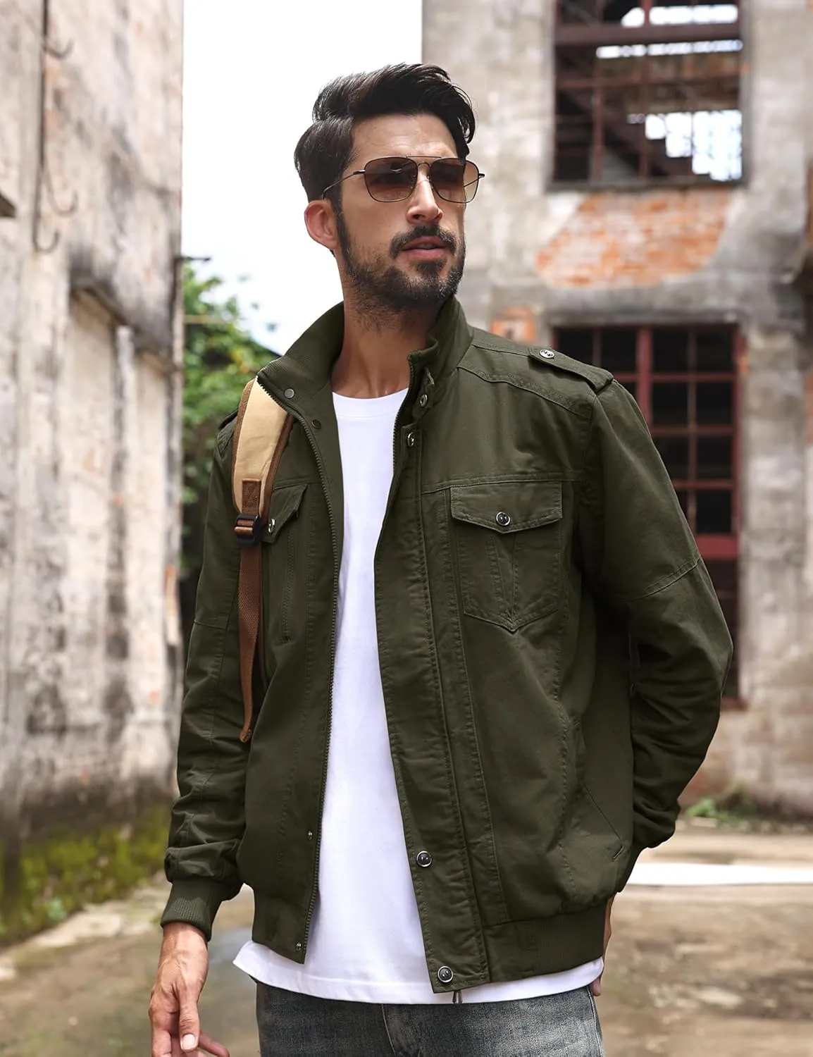 TACVASEN Men's Military Lightweight Jacket Army Cargo Windbreaker Zip Front Stand Collar Cotton Jackets with Multi Pockets