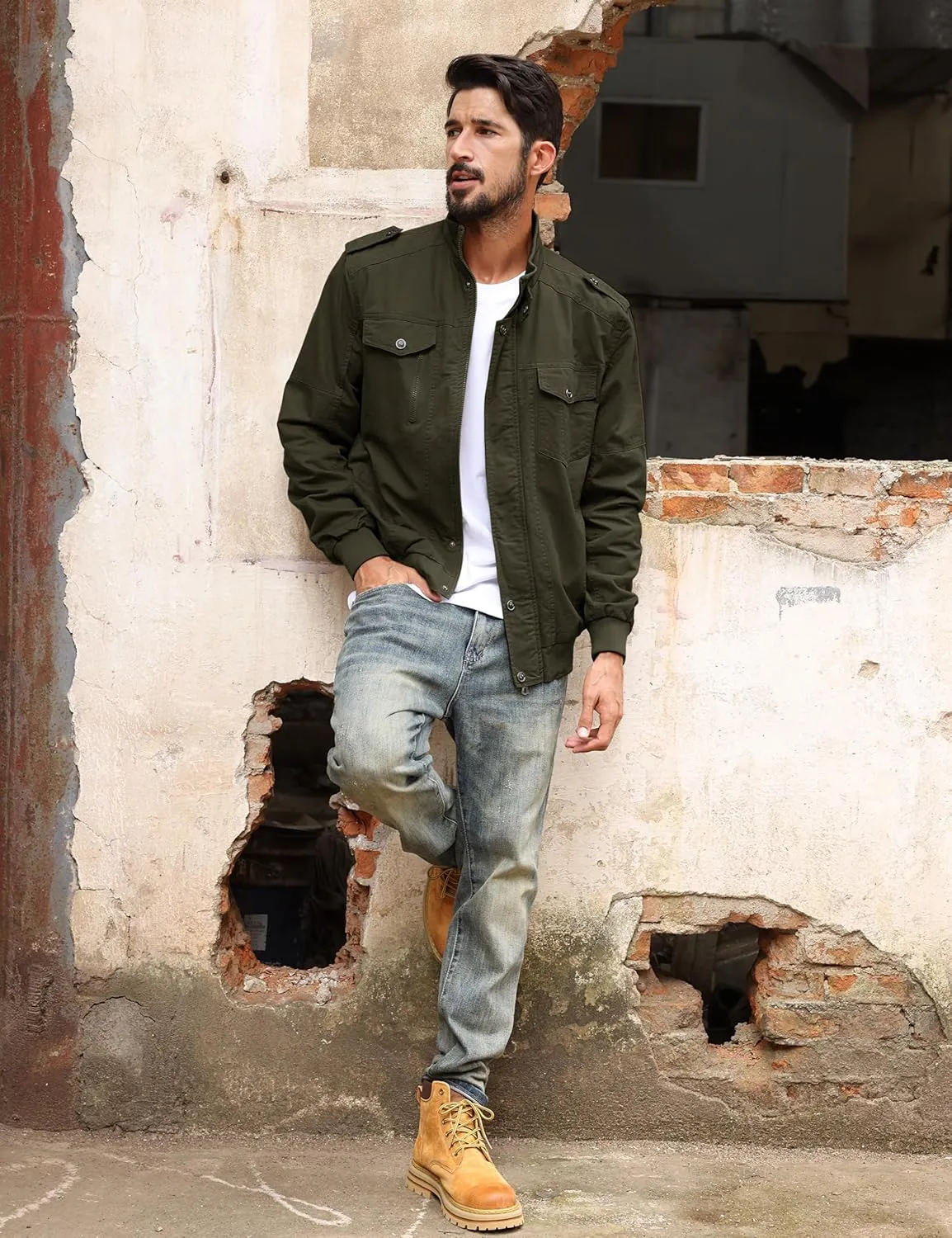 TACVASEN Men's Military Lightweight Jacket Army Cargo Windbreaker Zip Front Stand Collar Cotton Jackets with Multi Pockets