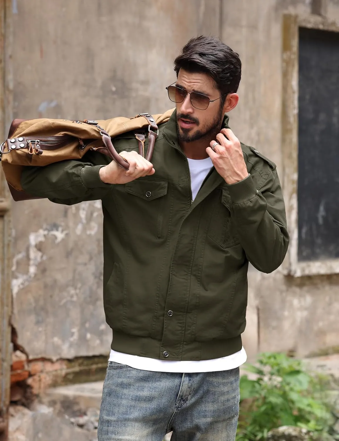 TACVASEN Men's Military Lightweight Jacket Army Cargo Windbreaker Zip Front Stand Collar Cotton Jackets with Multi Pockets