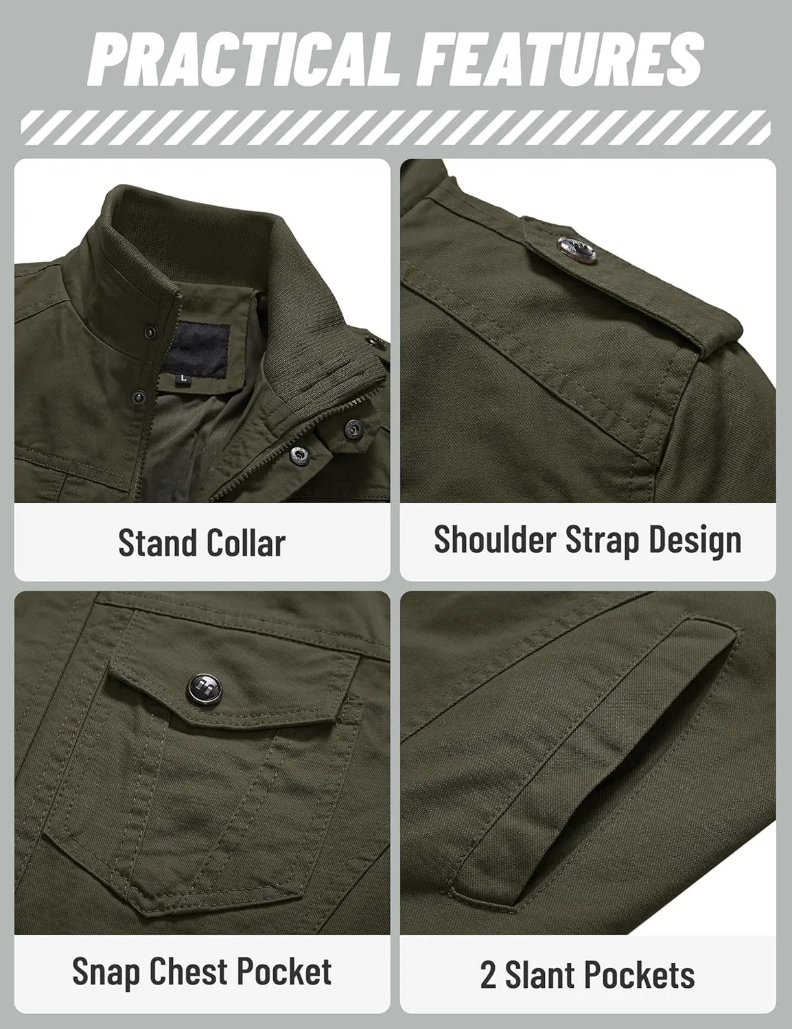 TACVASEN Men's Military Lightweight Jacket Army Cargo Windbreaker Zip Front Stand Collar Cotton Jackets with Multi Pockets