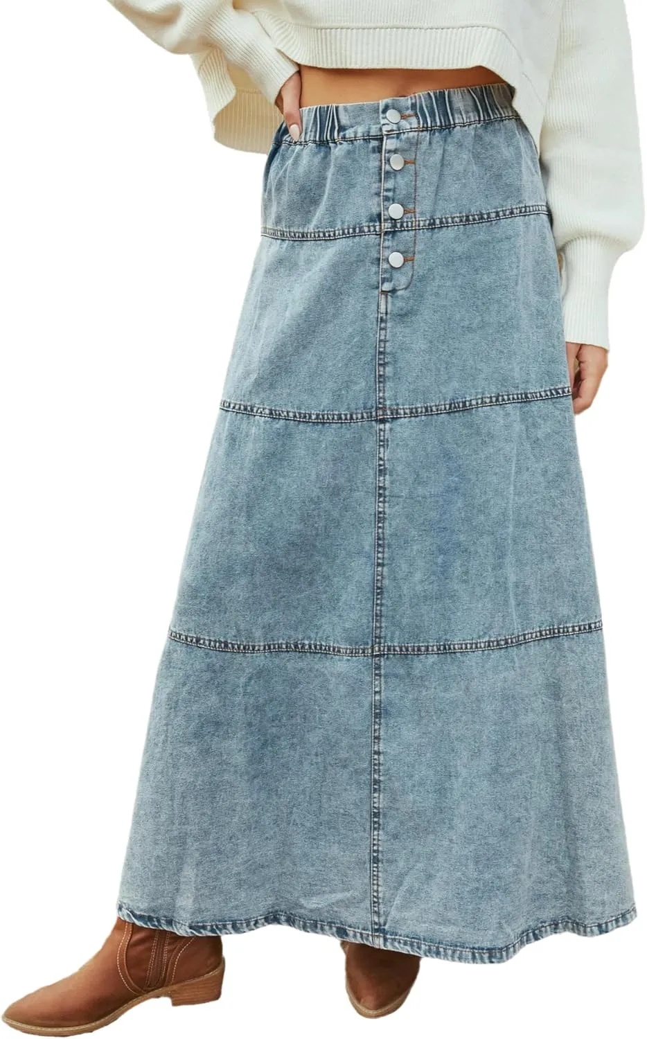 THLAI Womens Maxi A Line Bohemian Denim Skirt Daily Pleated Skirt