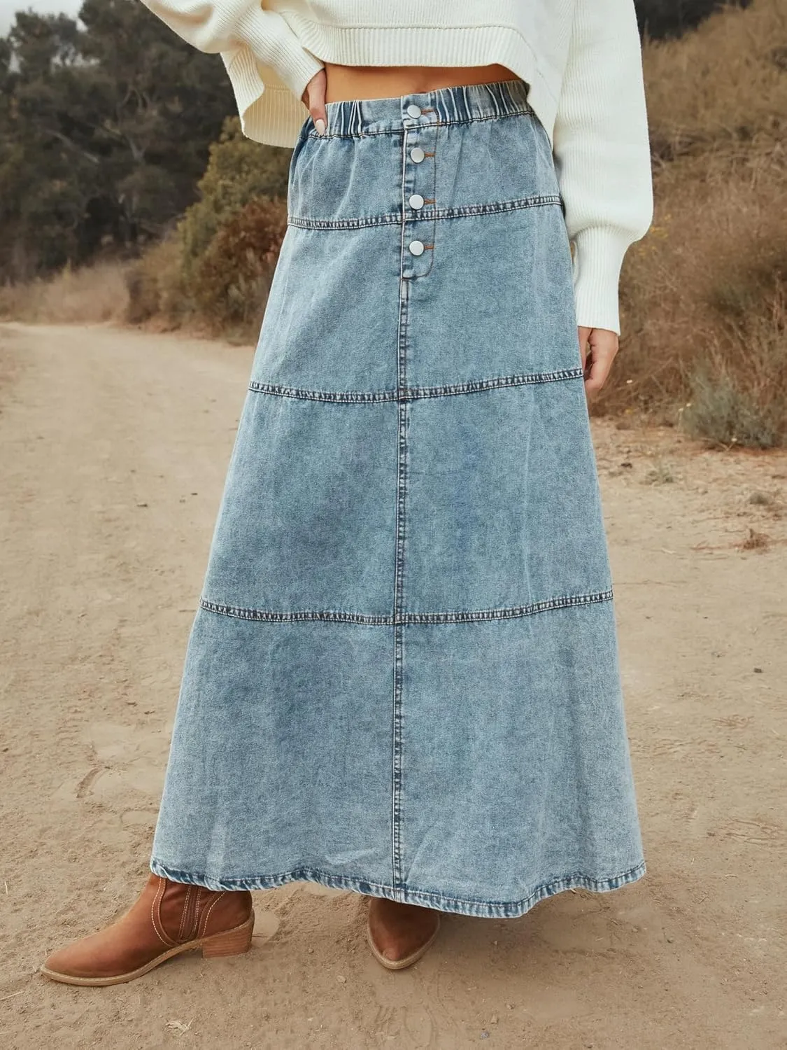 THLAI Womens Maxi A Line Bohemian Denim Skirt Daily Pleated Skirt