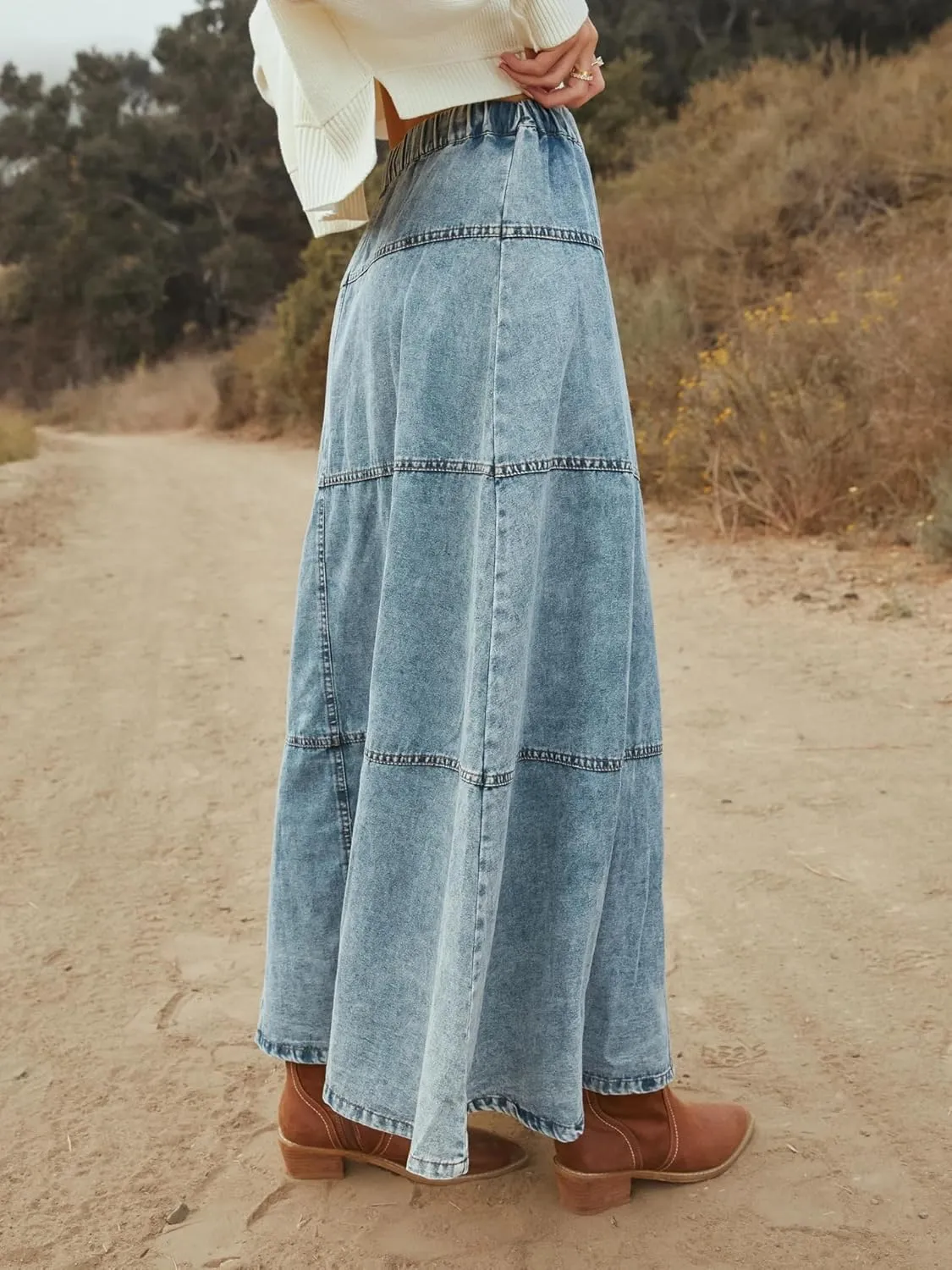 THLAI Womens Maxi A Line Bohemian Denim Skirt Daily Pleated Skirt