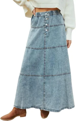 THLAI Womens Maxi A Line Bohemian Denim Skirt Daily Pleated Skirt