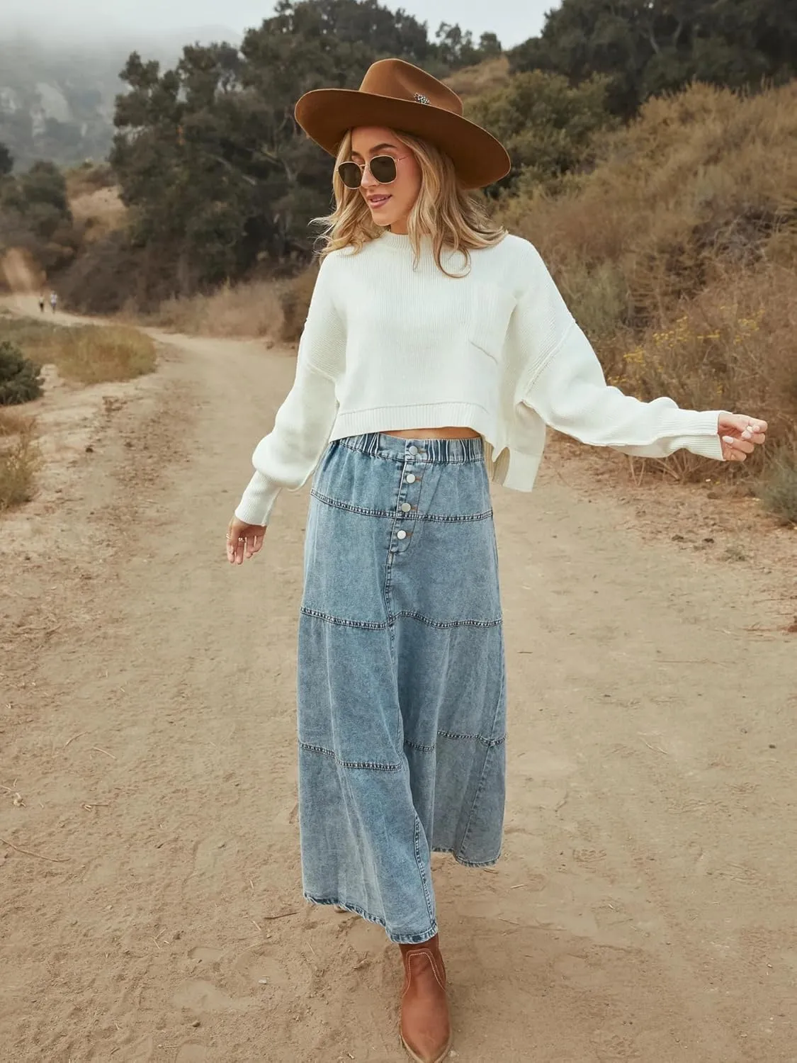 THLAI Womens Maxi A Line Bohemian Denim Skirt Daily Pleated Skirt
