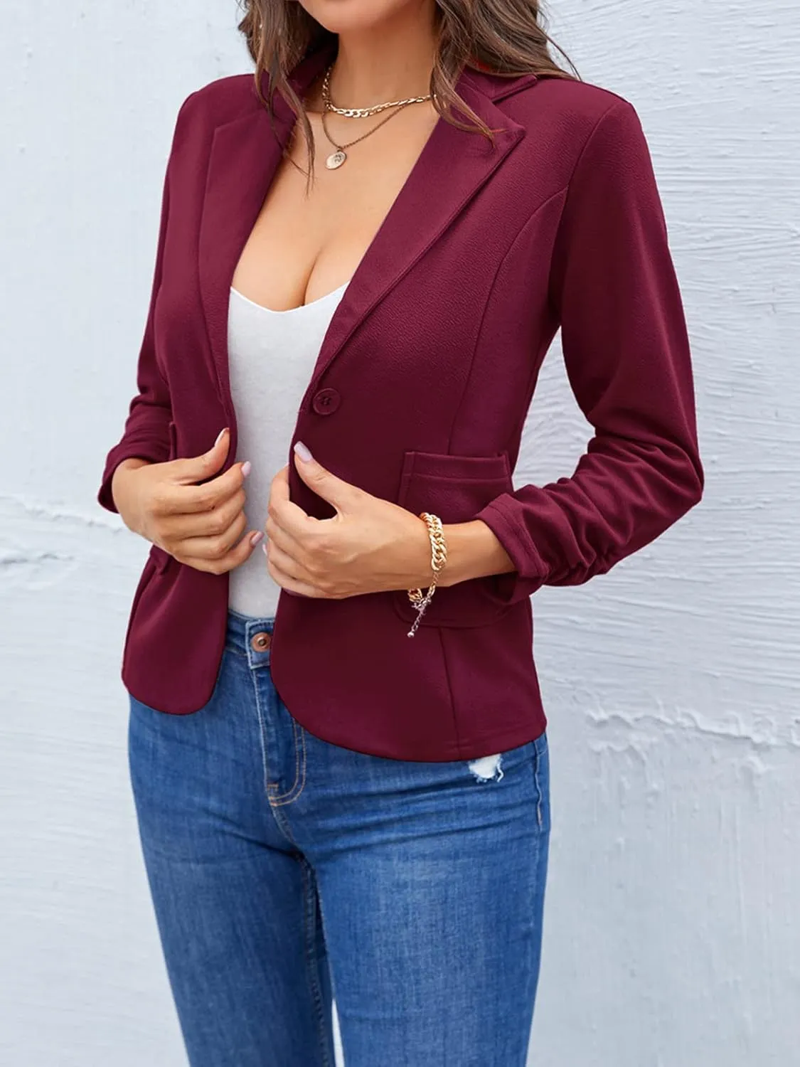 Unifizz Womens Casual Work Office Blazer Pockets Buttons Suit Jacket 3/4 Sleeve