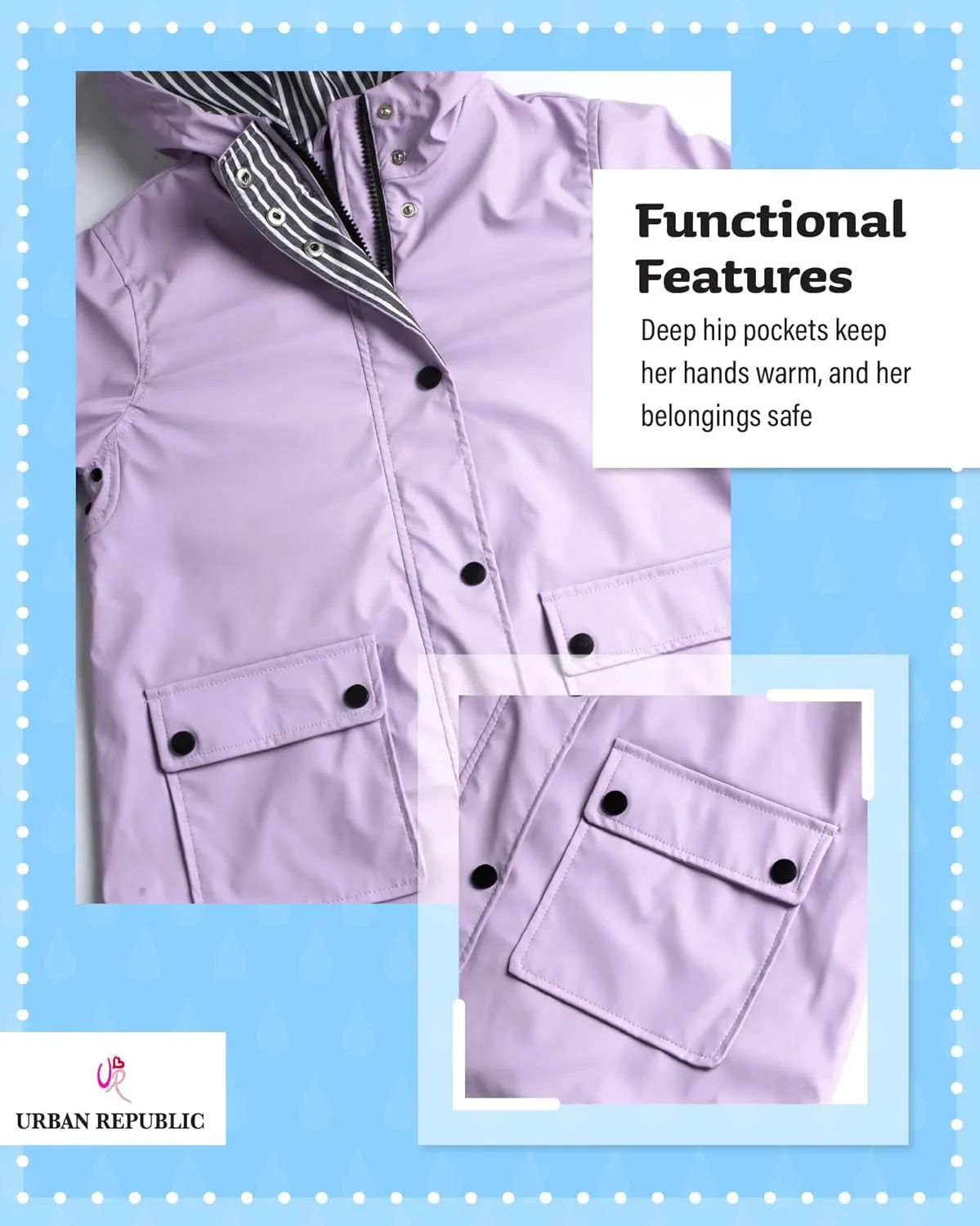 URBAN REPUBLIC Girls' Rain Jacket - Water-Resistant Slicker Shell Outerwear Windbreaker Raincoat with Hood (Sizes: 7-16)